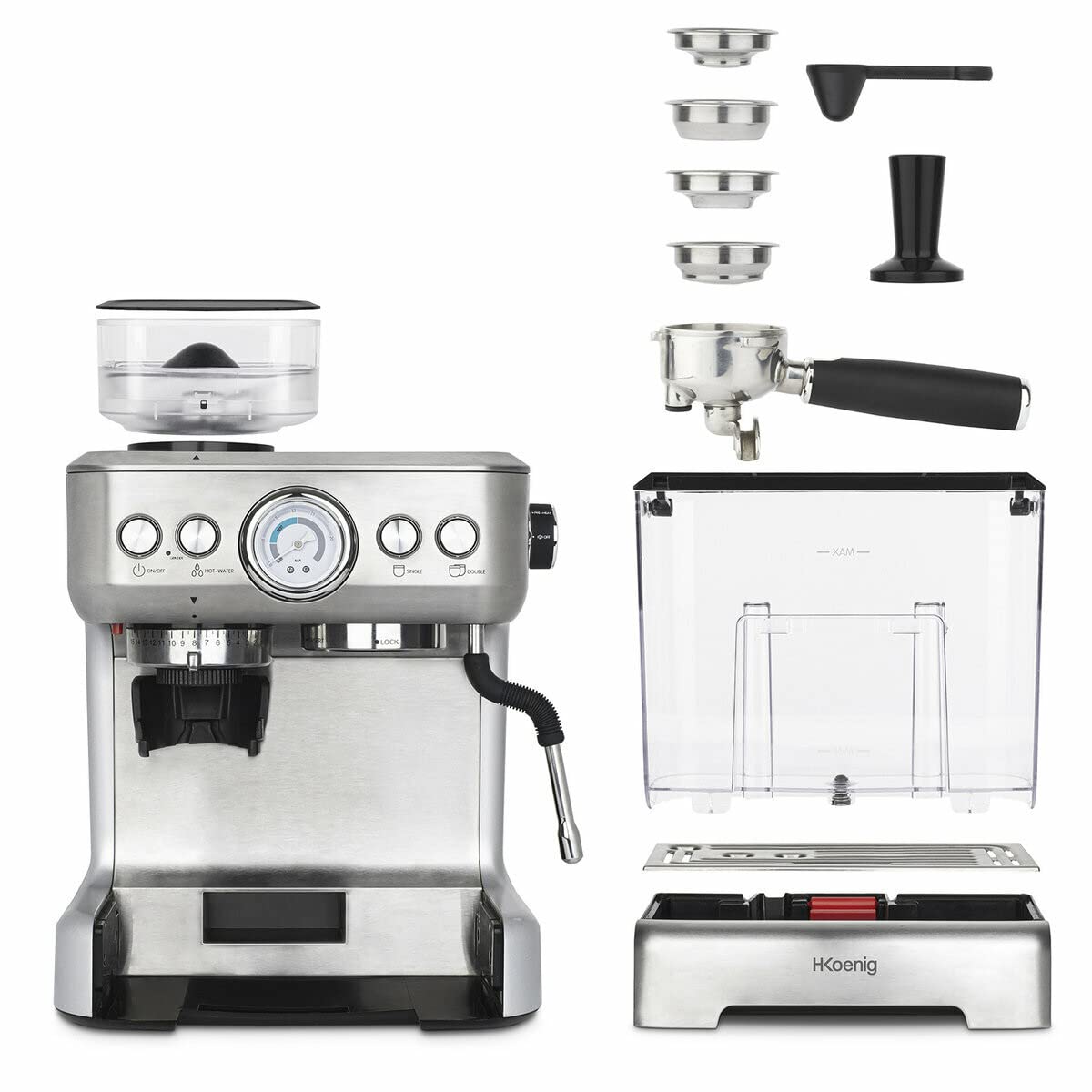 H.Koenig Espresso machine with grinder EXPRO980, 2.7L, 250g bean reservoir, 15 grind sizes, Italian pump, Customizable dosage for 1 or 2 cups, Thermoblock, Pressure 20 bars