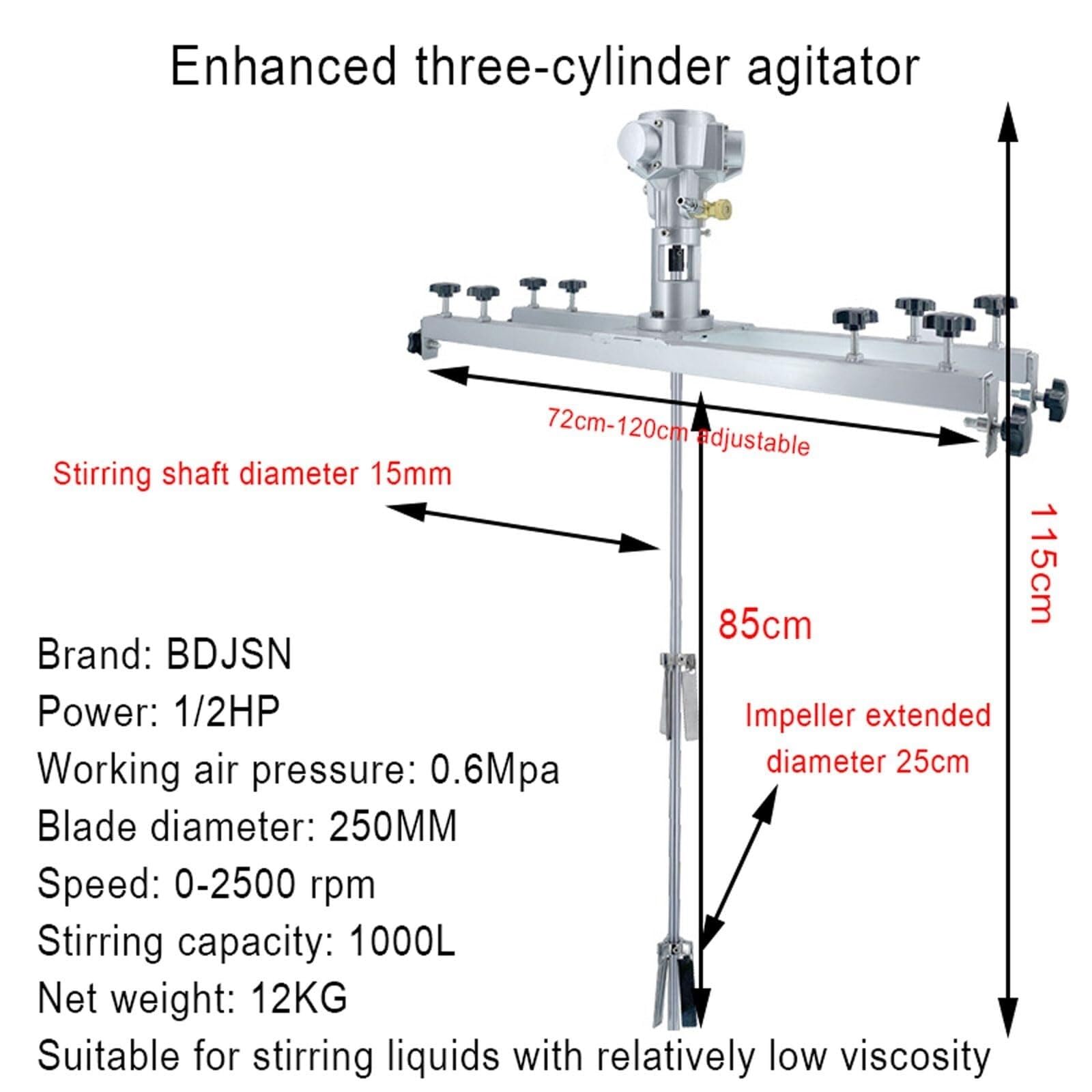 Agitador de aire for IBC de 1 tonelada, mezclador de pintura neumático de 0 a 2500 RPM, mezclador de pintura ajustable de 75 a 120 mm, con cuchilla de acero inoxidable de 10 pulgadas, for disolvente d