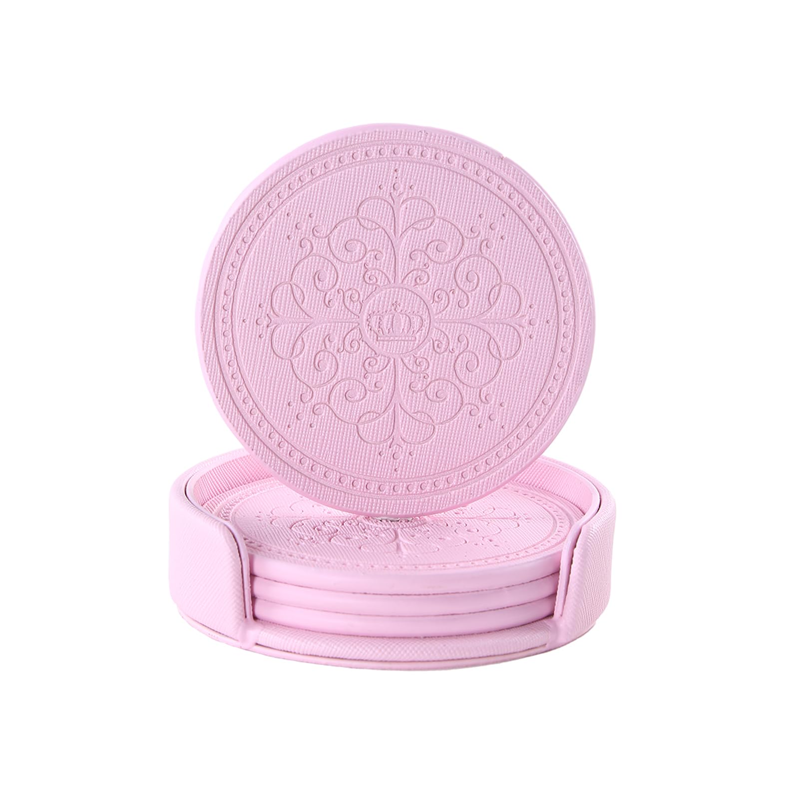 LISRSC Coasters Set of 4 - PU Leather Mat with Holder - Pink Round Coasters for Drinks - Coffee Table Pads Set Gifts for Home,Bars,Cafes,Party,Office Decor