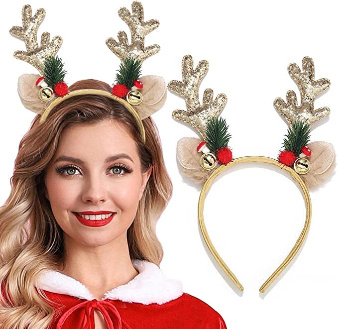 Unicra Christmas Headbands Reindeer Antlers Hair Band Xmas Holiday Hair Accessories for Women and Adults (Gold)
