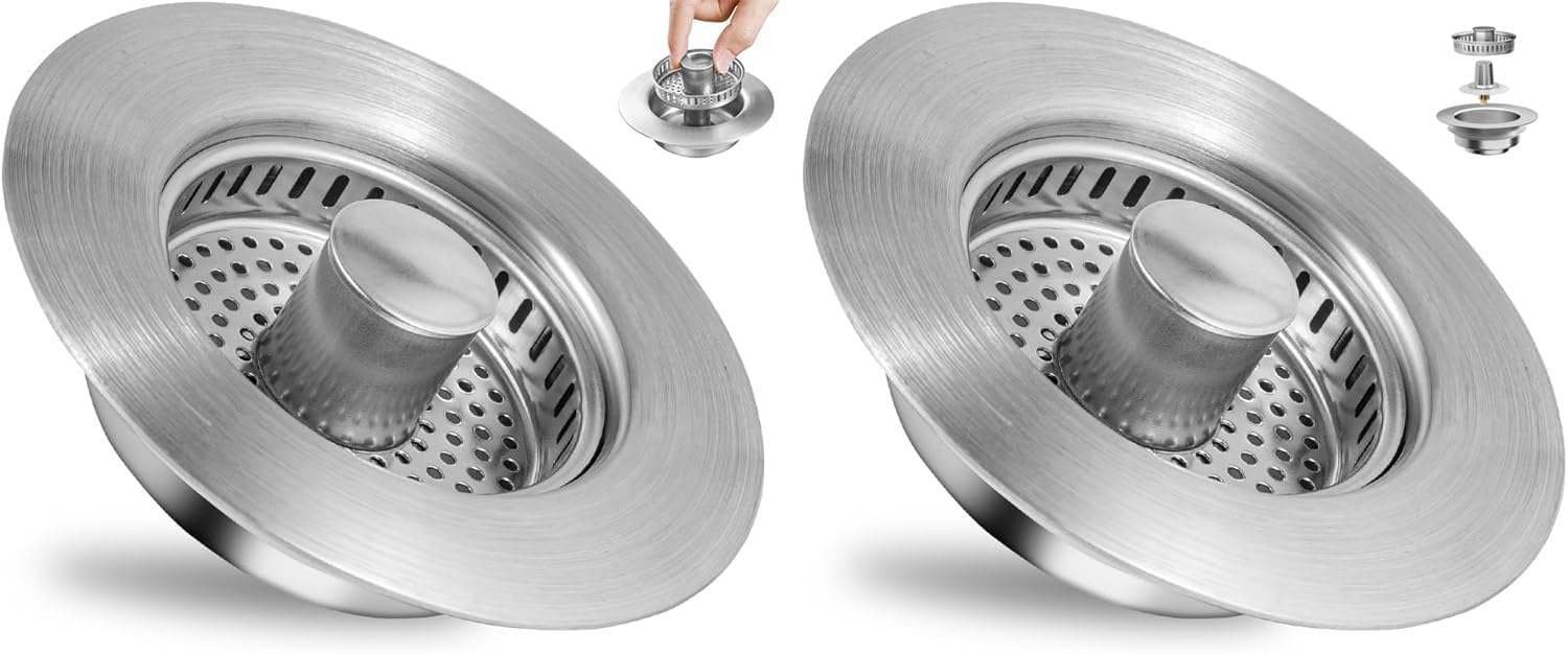 2025 Upgraded 3 in 1 Kitchen Sink Drain Strainer, Stainless Steel Pop Up Sink Stopper, Drain Plug with Anti-Clogging Basket, Sink Strainer for US Standard 3-1/2 Inch Drain, Silver 2 Pack