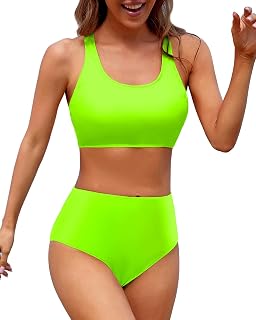 Women High Waisted Two Piece Bikini Sports Crop Top Swimsuit Scoop Neck Bathing Suit for Teen Girls with Bottom