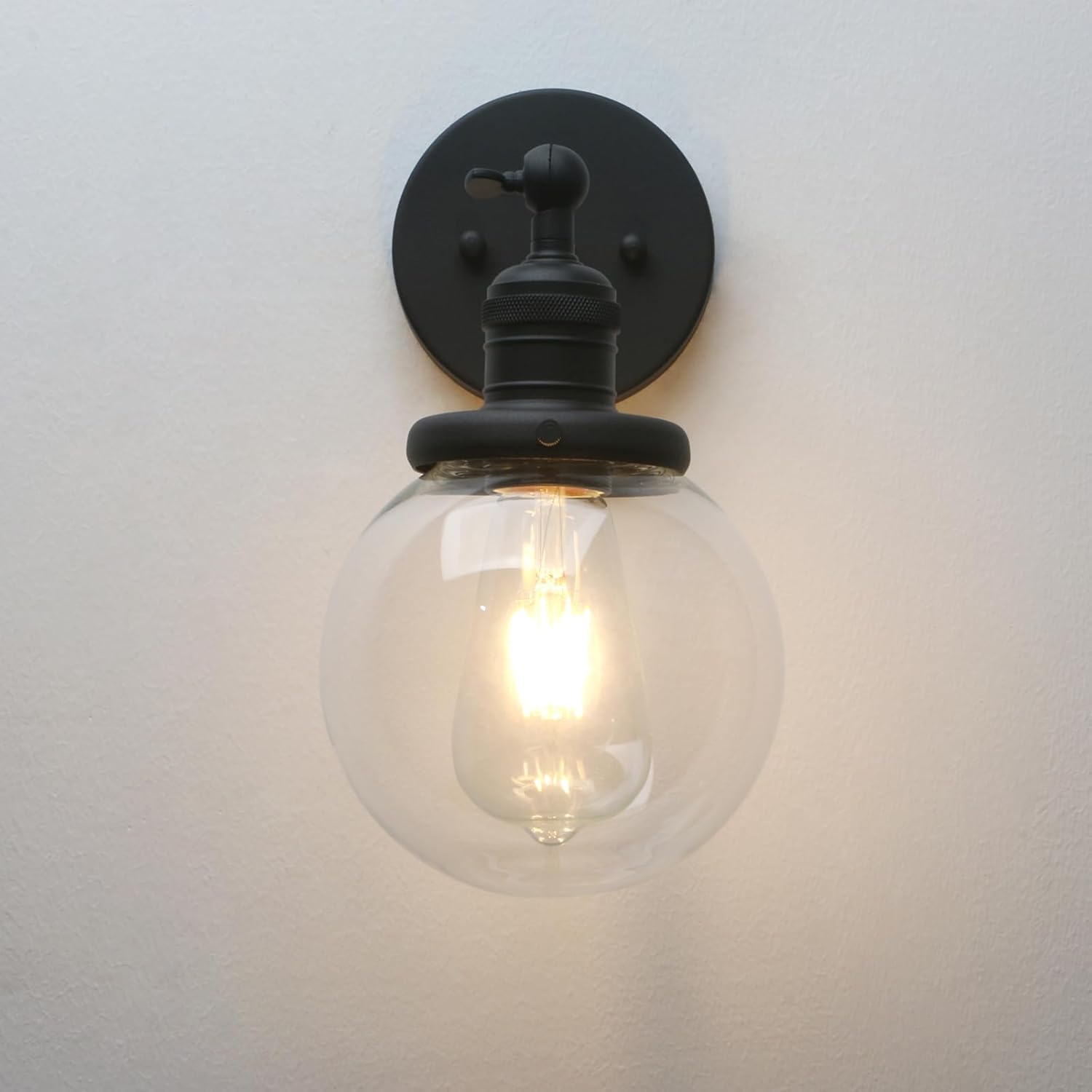 Phansthy 1-Light Wall Sconce, Brass Boho Bathroom Vanity Light, Modern Wall Light with Globe Glass Shade E26 Base, Adjustable Wall Lighting Fixtures for Bedroom, Living Room (Black, Clear Shade)