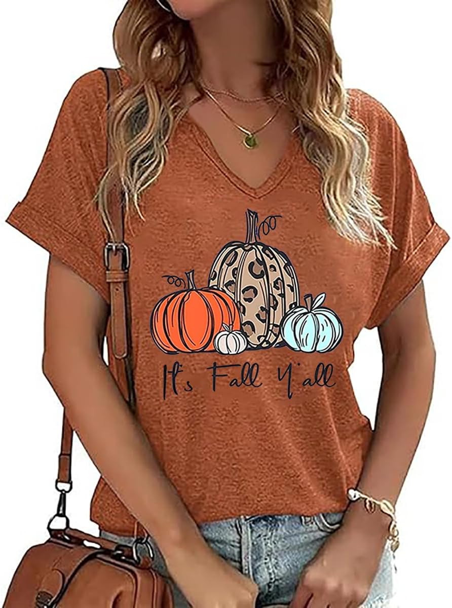 It's Fall Y'all Shirt Women Cute Leopard Pumpkin Graphic Tees Casual Short Sleeve V-Neck T Shirt Fall Halloween Tops