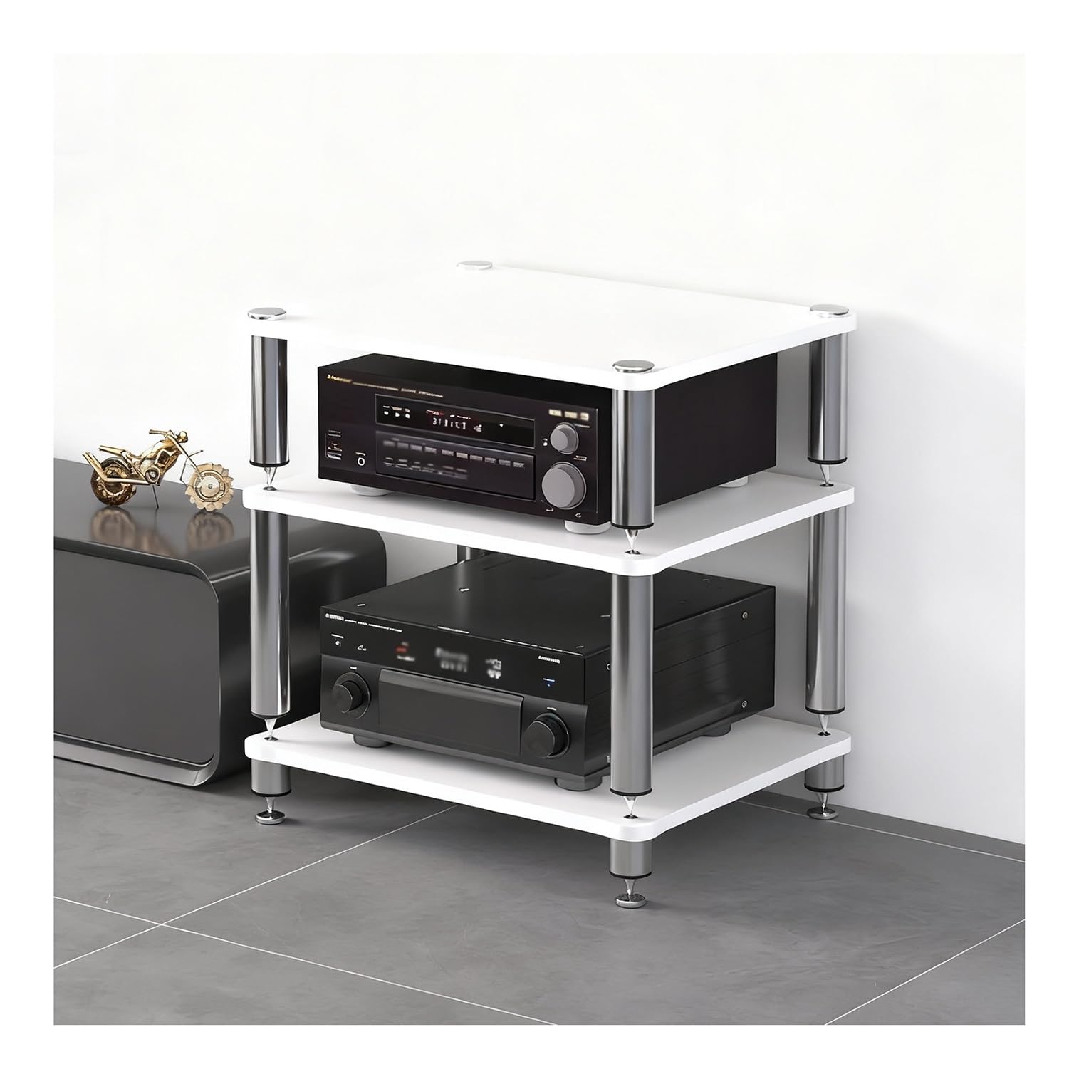 Szafka na sprzęt audio HiFi z amortyzującymi nóżkami, drewnianą półką na gramofon, wzmacniacze, głośniki i nośniki danych (biała, 2 poziomy, wysokość 40 cm) (biała, 3 poziomy)