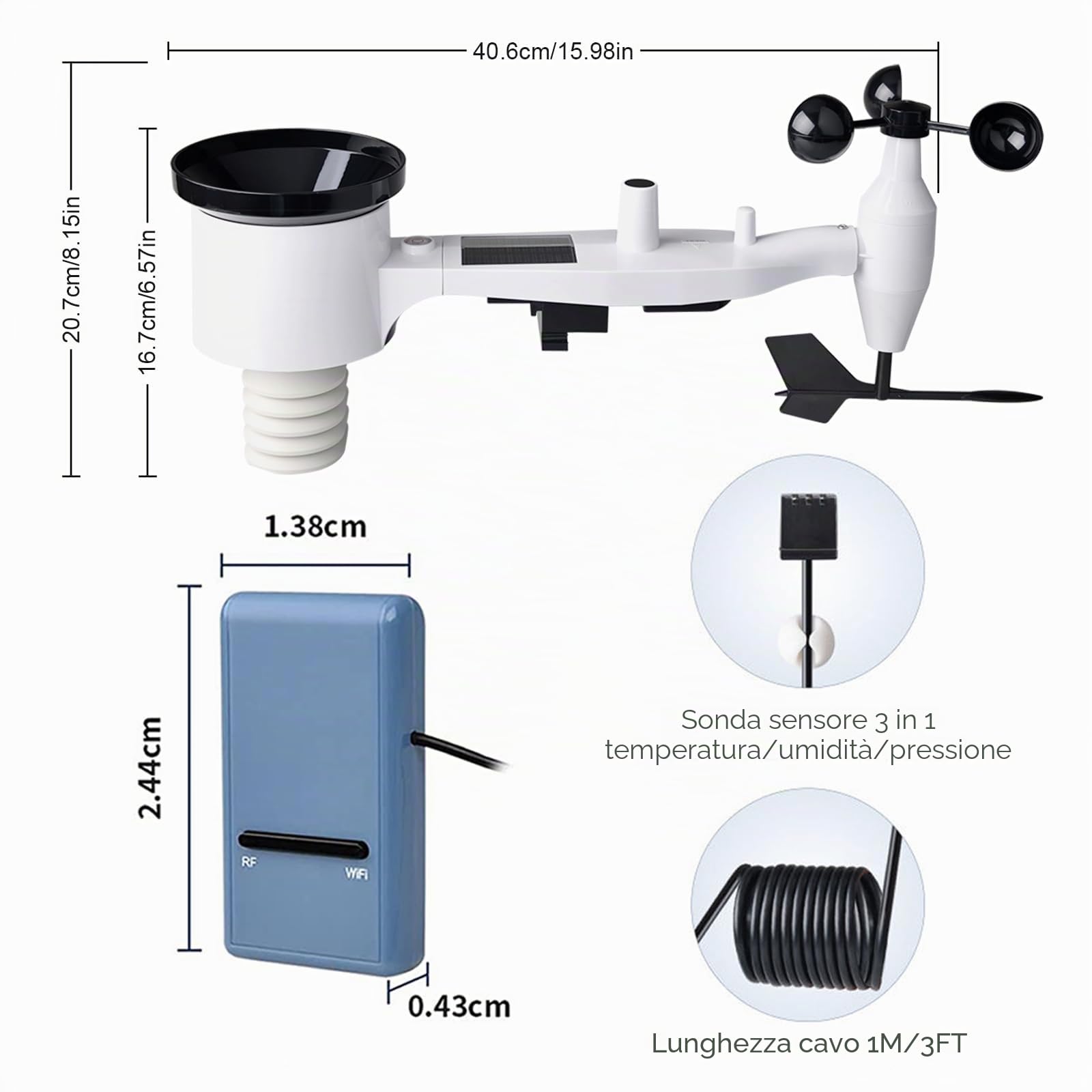 ECOWITT senza fili Stazione meteo GW1101, Sensore da esterno ad energia solare 7 in 1 WS69, Gateway Wifi 3 in 1 per interni GW1100, previsioni meteo per il giardino di casa, assistente meteo
