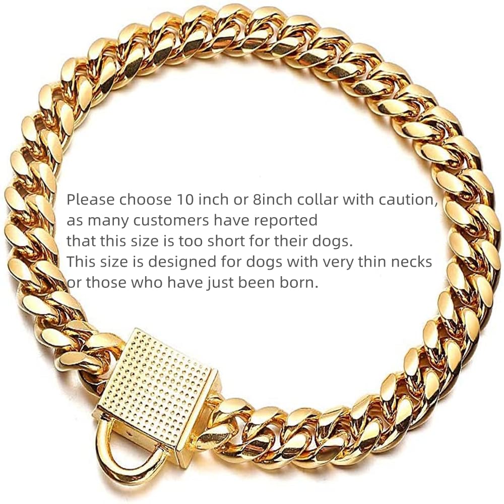 Collar de cadena dorado para perro, 10 mm de ancho, eslabones cubanos, collar para cachorros, acero inoxidable 316L con circonita cúbica y cierre de diamante, collar brillante para perros grandes (10