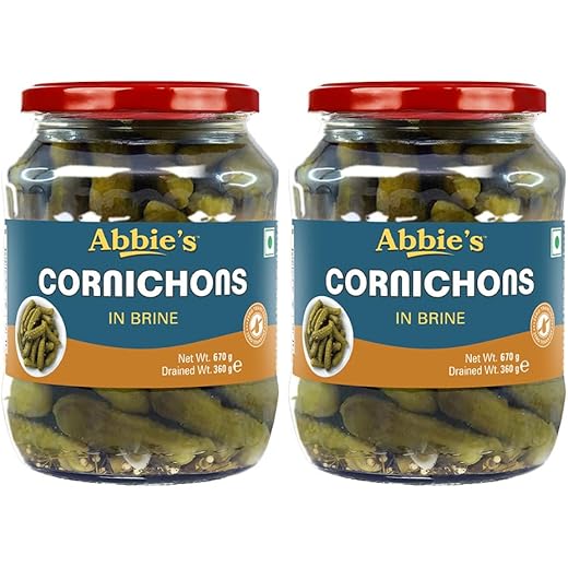 Abbie's Cornichons in Brine 1340 g (670 g X 2 Units) Ready to Eat | Zero Fat Crunchy Pickle | Perfect Topping for Pizza, Sandwich, Burger , Salad , Snacks and More |