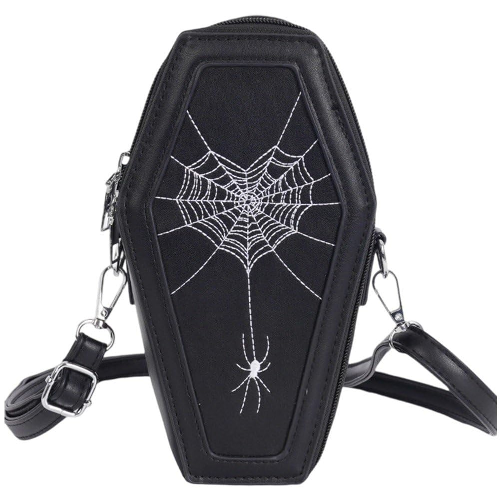 Fituenly Women's As Shown Halloween Purse For Coffin Purse Waterproof Pu Leather Gothic Spider Web Pattern Coffin Bag Goth Crossbody Bag With Adjustable Shoulder Strap For Halloween Cosplay
