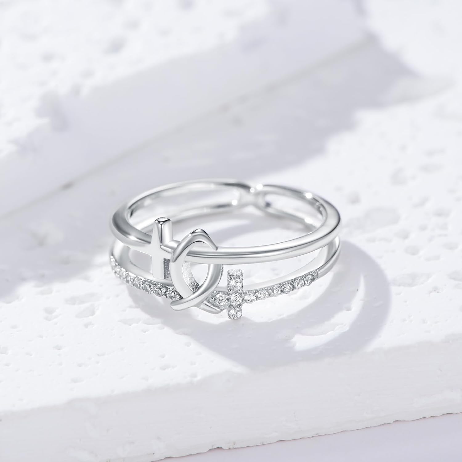 Cross Ring for Women S925 Sterling Silver Jesus Fish Ring Religious Ring Jewelry for Brithday Christmas(7-8)