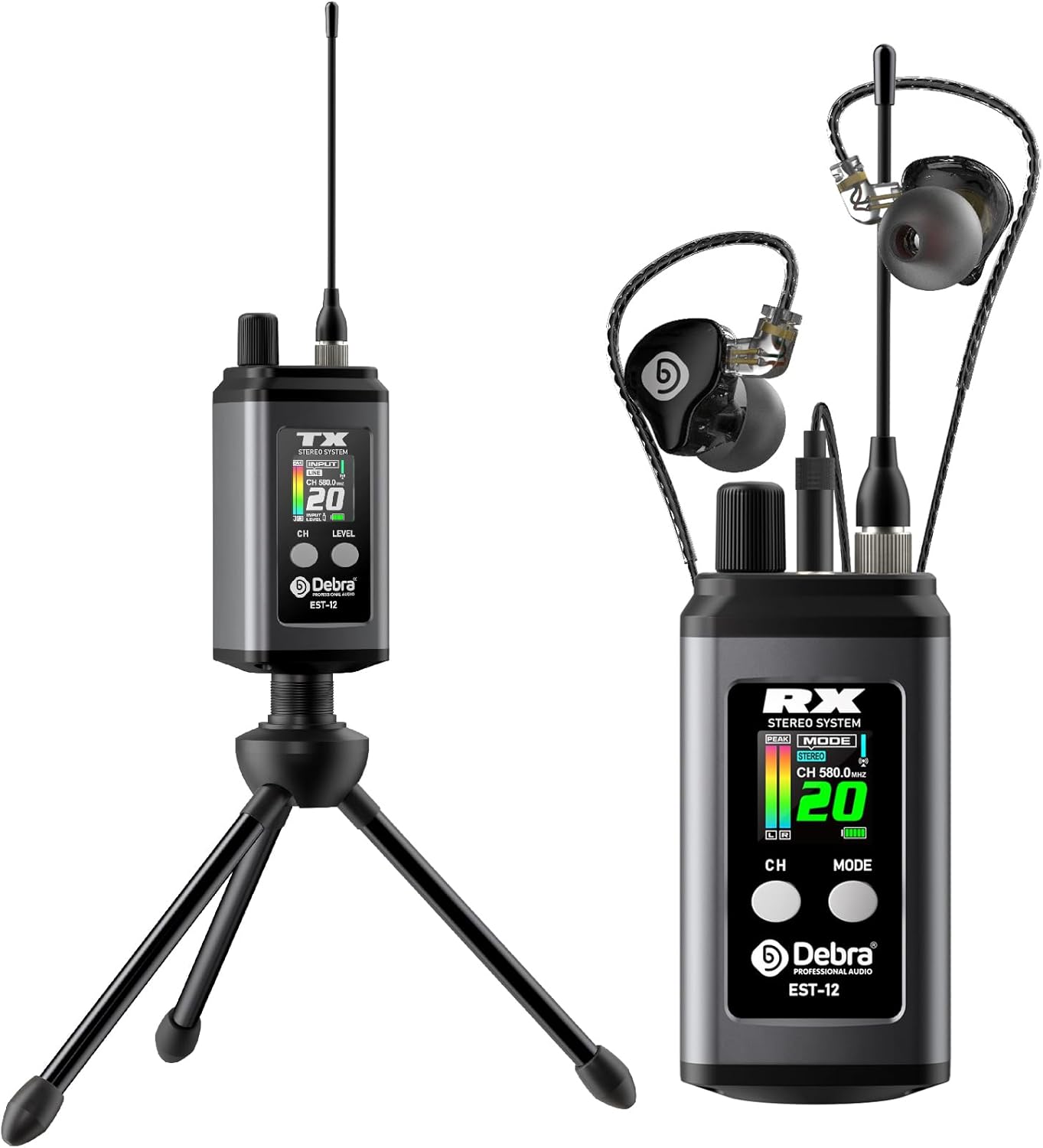 Debra EST-12 Pro UHF Stereo Wireless In-Ear Monitor System components: transmitter, receiver, and in-ear headphones.