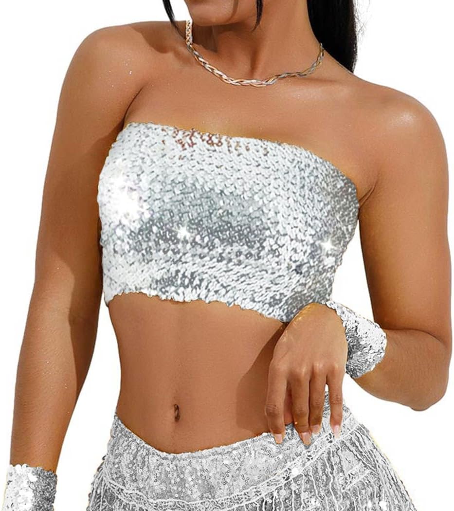 Kakaco Sparkly Strapless Crop Top Glitter Sequin Tube Top Party Clubwear Top for Women and Girls - Image 2