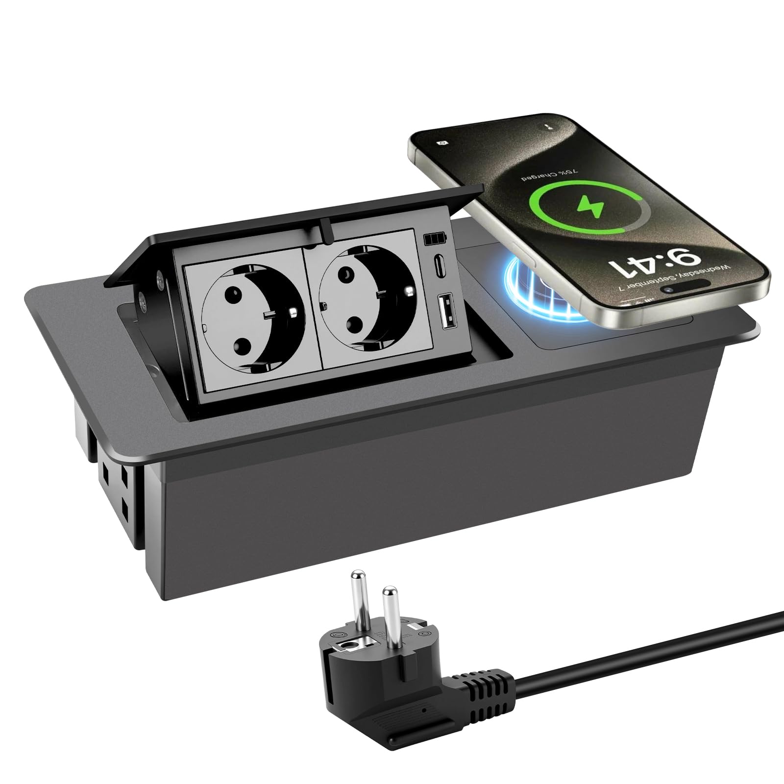 Enchufe retráctil de 2 vías con USB-C PD 20 W función de carga rápida y cargador inalámbrico de 15 W, enchufe de mesa emergente para encimera, escritorio y cocina, regleta que ahorra espacio