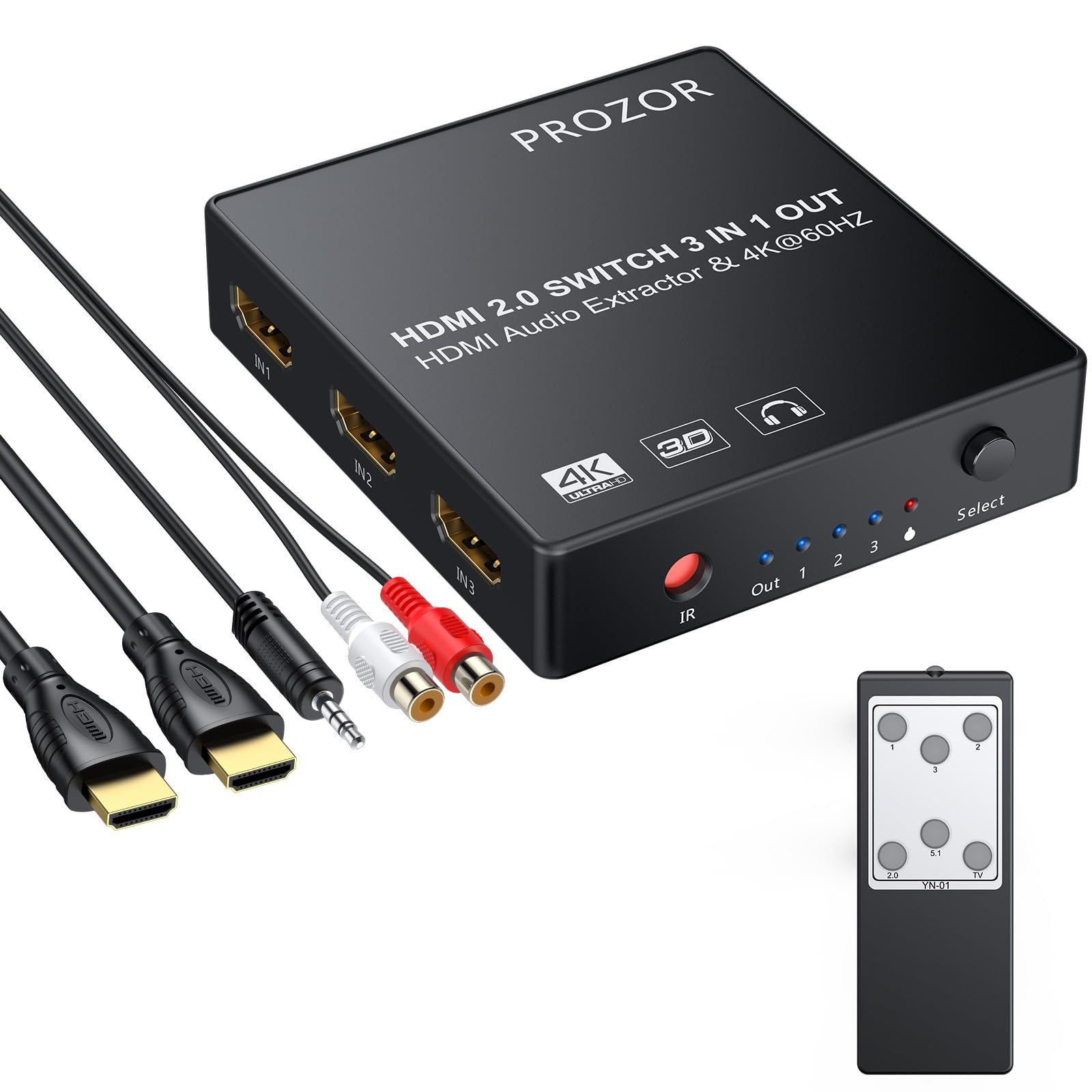 PROZOR HDMI Audio Extractor 3x1 HDMI Switch Converter 3.5mm AUX Optical Output Support 4K 3D with IR Remote HD MI Cable 3.5mm to 2 RCA Cable for Blu-ray DVD PS4 TV