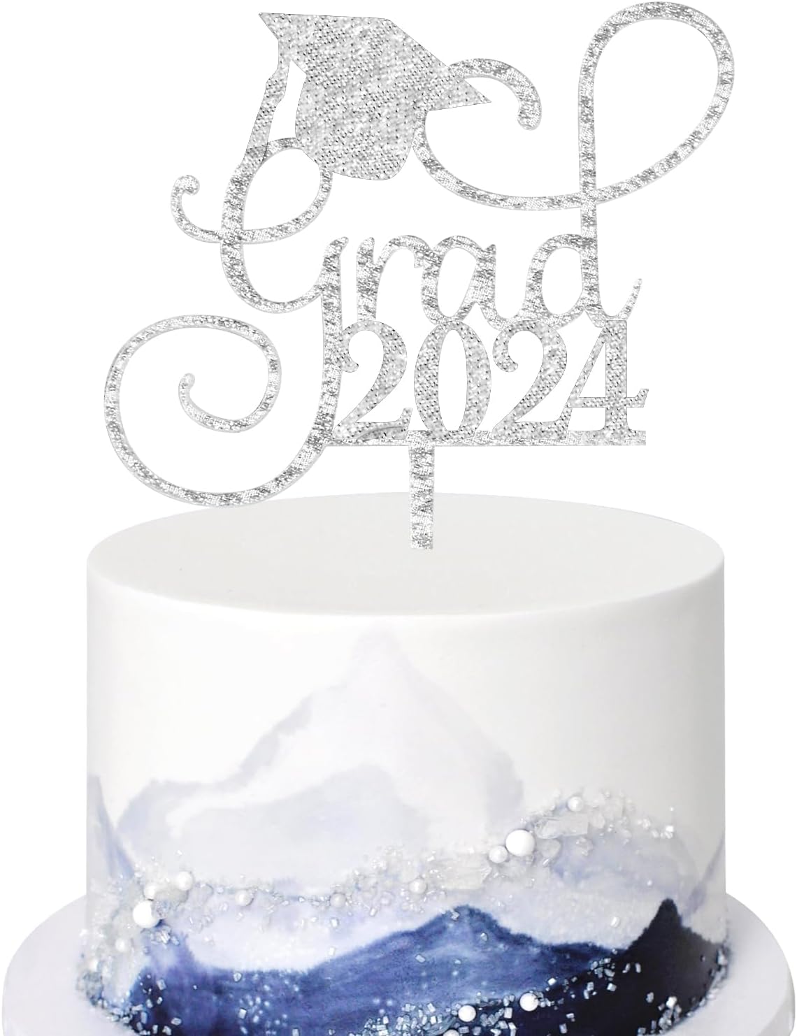 Grad 2024 Cake Topper, Graduation Cake Topper, Class of 2024 Grad Party Decorations (Silver)
