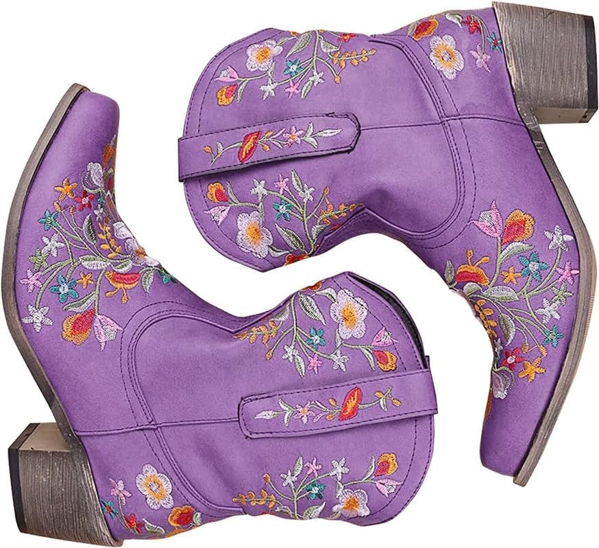 Cowboy Boots for Women Ankle Cowgirl Floral Embroidery Stitched Chunky Heel Pointy Toe Retro Western Boots4