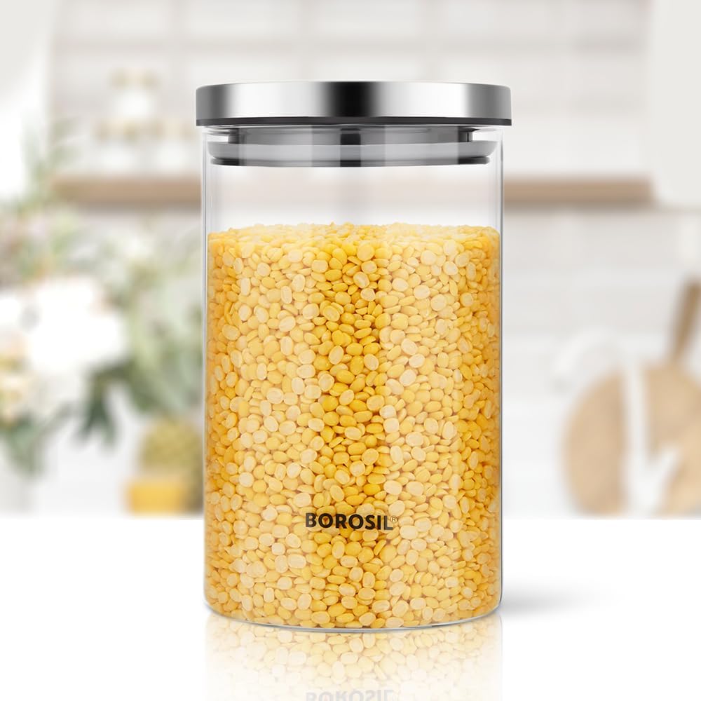 Borosil Classic Jar With Steel Lid|Transparent Glass Canister|Pantry Storage Jar|Airtight Container for Dry Food,Spices,Dry Fruits,Coffee,Tea,Pulses and more 900 ML,Clear
