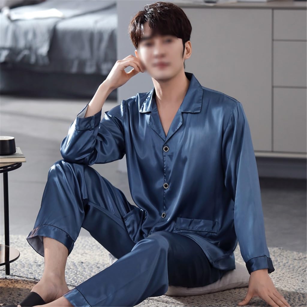 Long-sleeved Silk Ice-silk Pyjamas for Men in A Thin Faux Four-season Suit