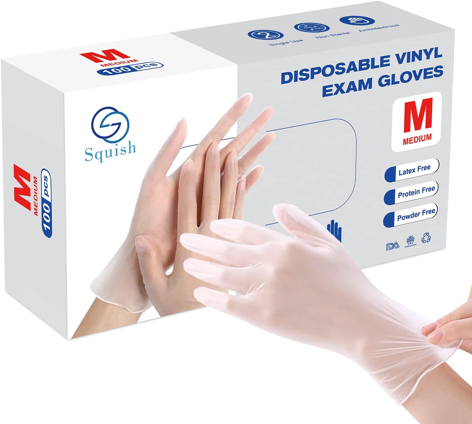 Squish Disposable Gloves, Clear Vinyl Gloves Latex Free Powder-Free Glove Health Gloves for Kitchen Cooking Food Handling, 100PCS/Box, Medium