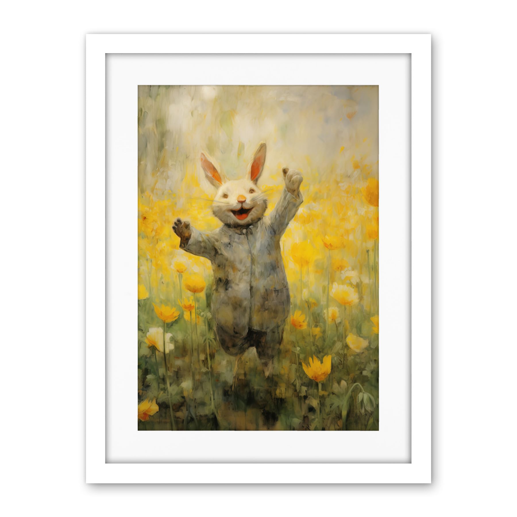 Artery8 Tulips and Rabbit Watercolour Fun Kids Baby Nursery Artwork Framed Wall Art Print 18X24 Inch
