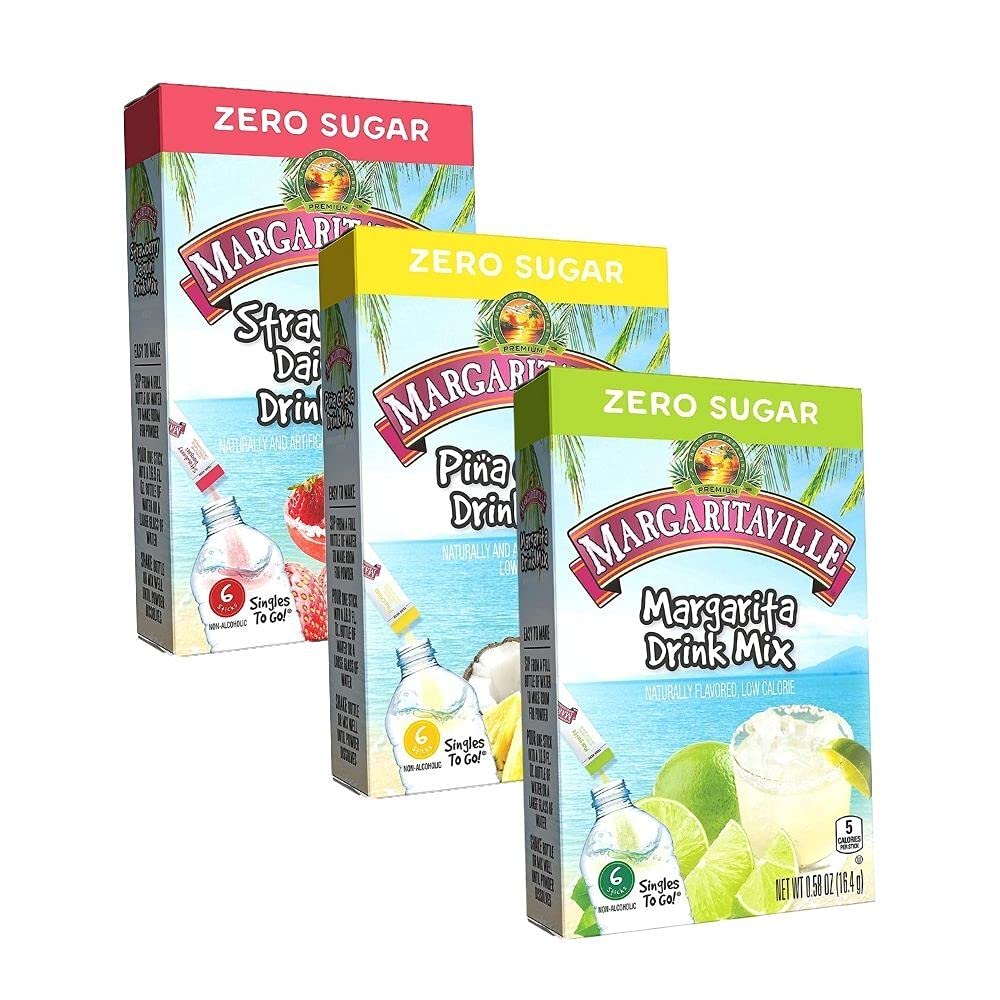margaritaville singles to go drink mix ultimate summer variety pack, 1 strawberry daiquiri, 1 pina colada, 1 margarita, 1 ct