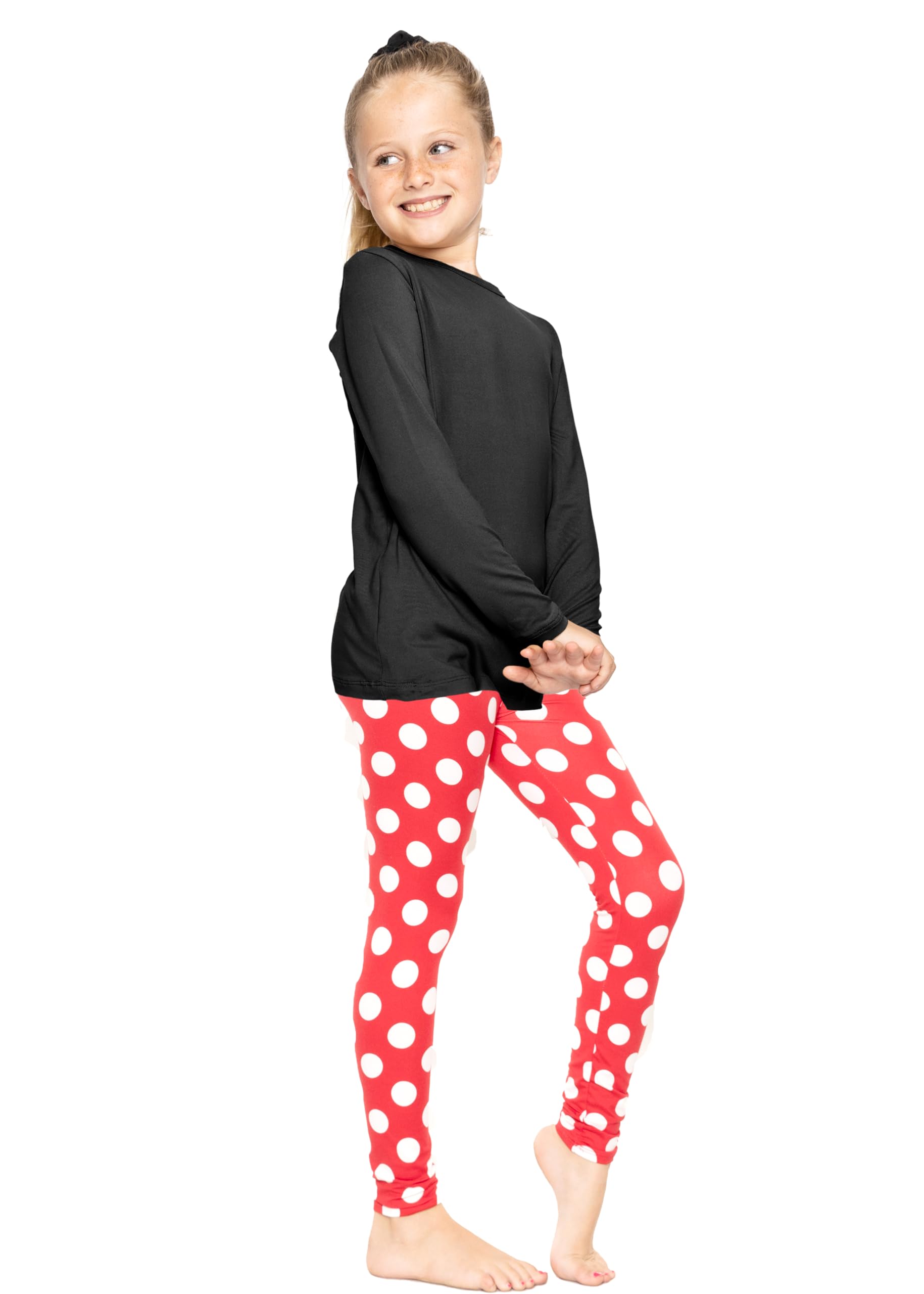 STRETCH IS COMFORT Girl's Long Sleeve Crew Neck and Leggings Set Black with Red Polkadot Leggings Small