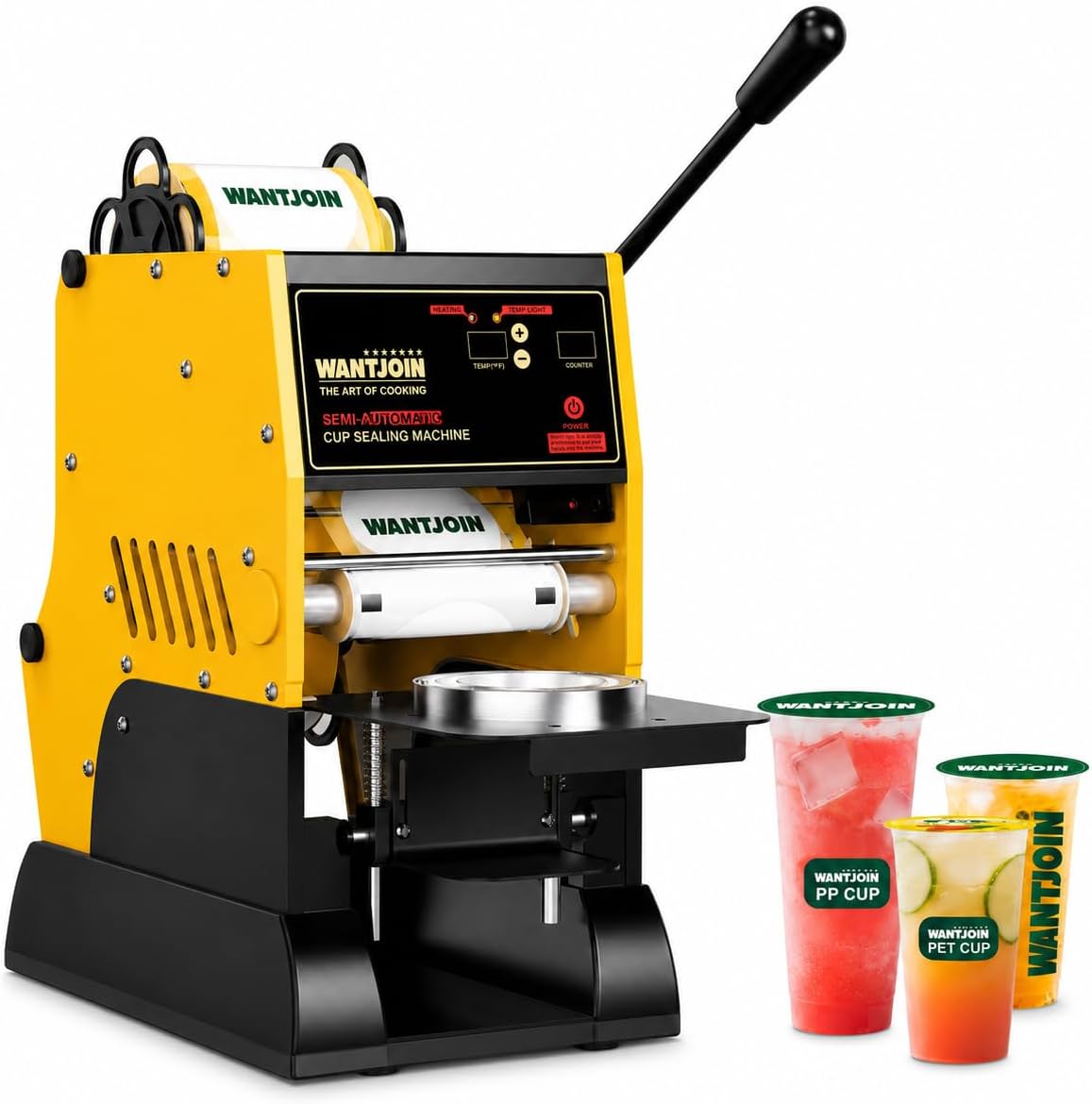 WantJoin Cup Sealing Machine - 2S Commercial Boba Sealer Machine, Film Alignment 90/95mm LED Panel Temperature Control, Electric Semi Automatic Cup Sealer for Bubble Milk Tea Coffee