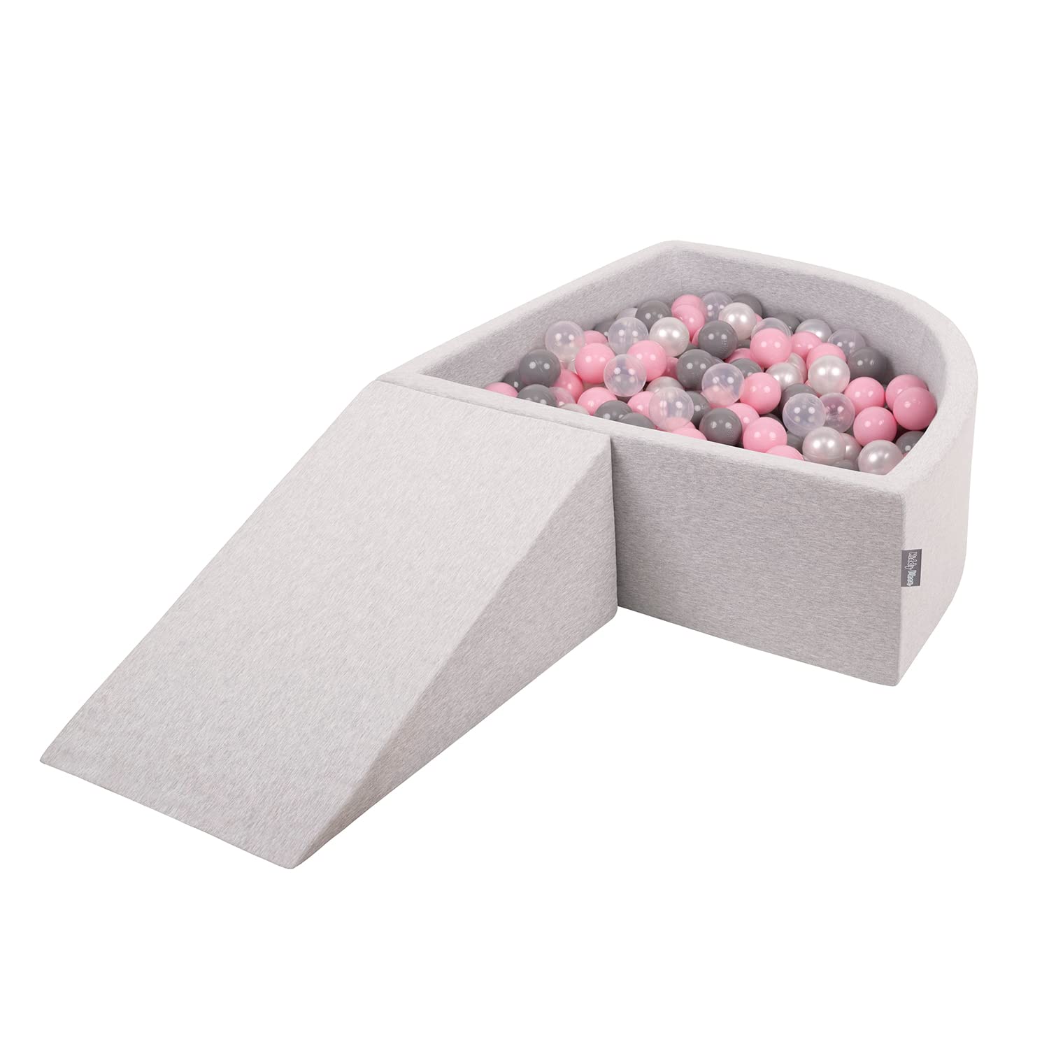 KiddyMoon Foam Playground For Kids With Quarter Angular Ballpit (200 Balls) Obstacle Course, Lightgrey:Pearl/Grey/Transparent/Powderpink