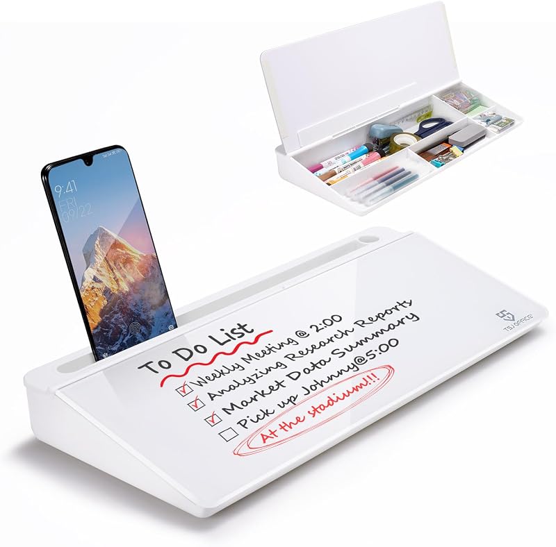 Small Desktop Whiteboard -Glass Dry Erase Board Computer Keyboard Stand White Board Surface Pad with Drawer, Desk Organizers with Accessories for Office, Home, School Supplies - White
