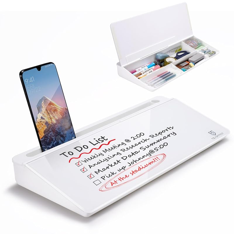 TSJ OFFICE Small Desktop Whiteboard -Glass Dry Erase Board Computer Keyboard Stand White Board Surface Pad with Drawer, Desk Organizers with Accessories for Office, Home, School Supplies - White