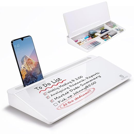 TSJ OFFICE Small Desktop Whiteboard -Glass Dry Erase Board Computer Keyboard Stand White Board Surface Pad with Drawer, Desk Organizers with Accessories for Office, Home, School Supplies