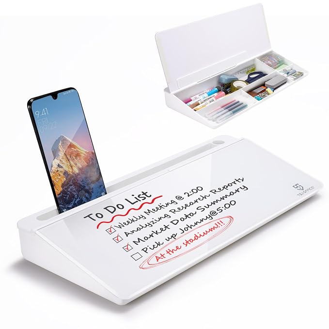 TSJ OFFICE Small Glass Desktop Whiteboard Dry-Erase-Board -Computer Keyboard Stand White Board Surface Pad With Drawer, Desk Organizers With Accessories For Office, Home, School Supplies