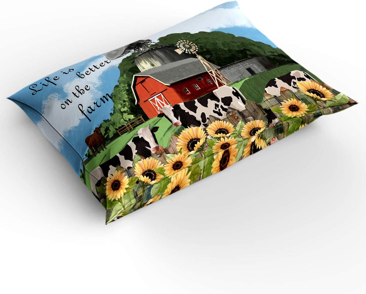 Suреr Dеаl Prоduсt PartyShow 4 Piece Bed Sets California King, Life is Better on The Farm Barn Cow Sunflower Bedroom Comforters Cover Bed Sheet with 2 PC Pillowcases for Girls/Boys/Kids/Bedroom