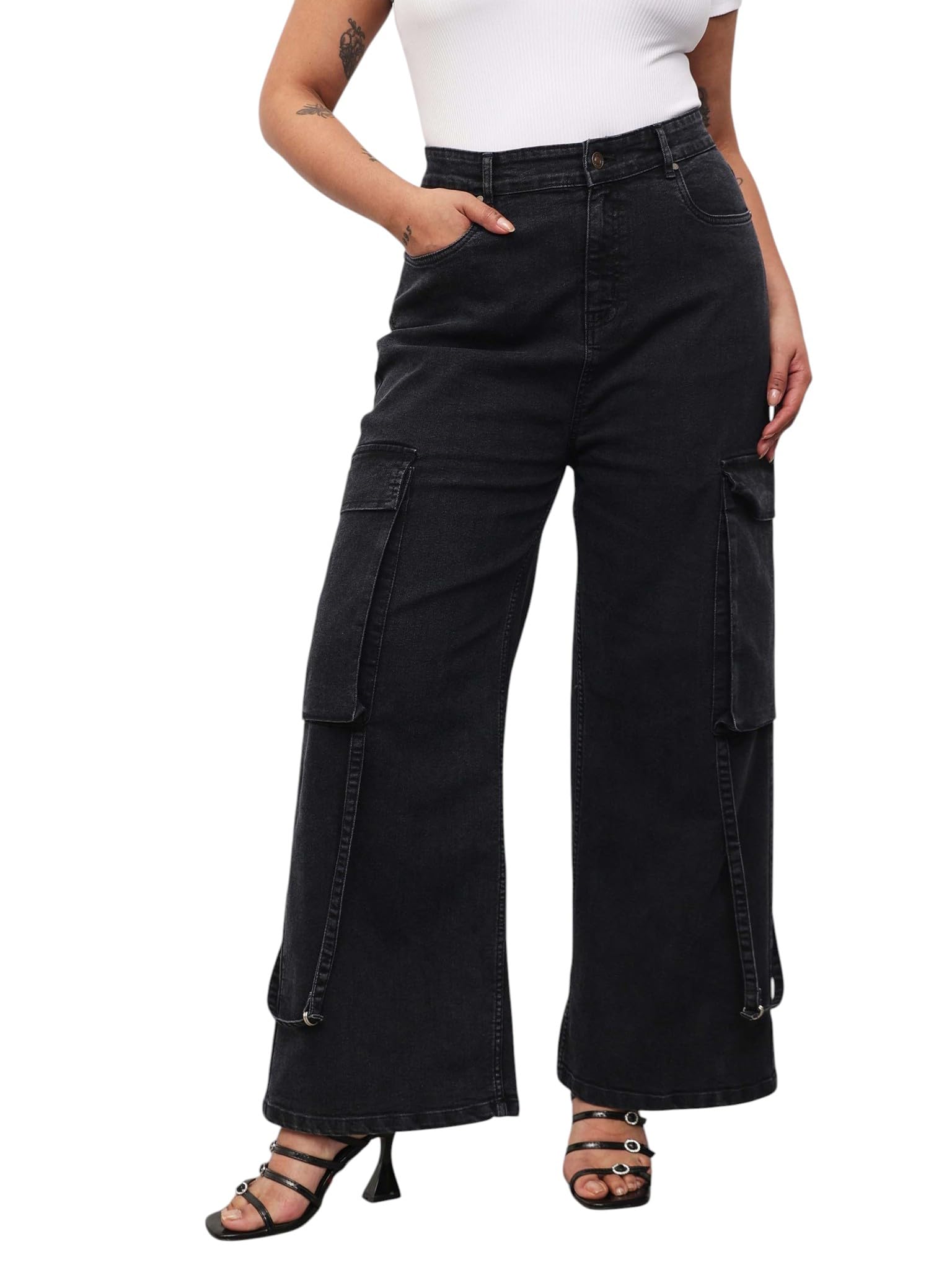 Women's Plus Size Wash Denim Cargo Straight Fit Jeans-image-29