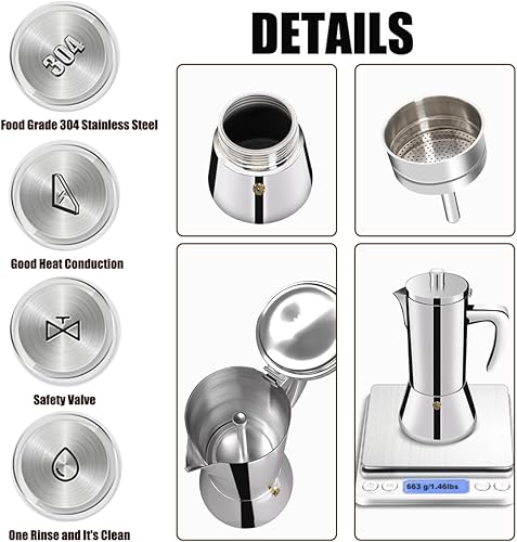 Vista 7 de Cafetera de 4 tazas de acero inoxidable 304 engrosado, cafetera de espresso para estufa, percolador italiano, máquinas de espresso capaces, cafetera