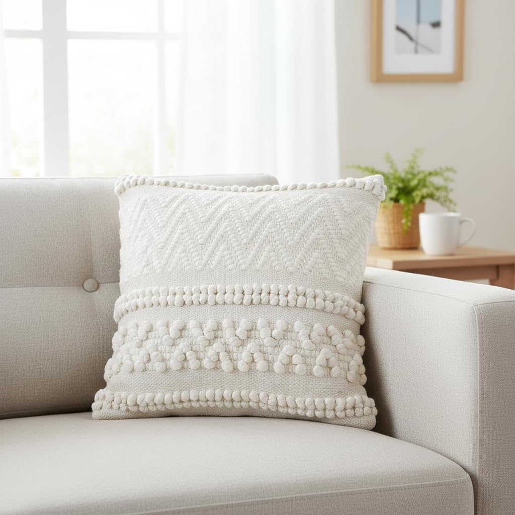 REDEARTH · Tufted Throw Pillow Cushion Covers - Boho Textured Woven Decorative Cases Set for Couch, Sofa, Bed, Farmhouse, Chair, Patio, Car - 100% Cotton (18x18 ; Boho Chic Natural) Pack of 2