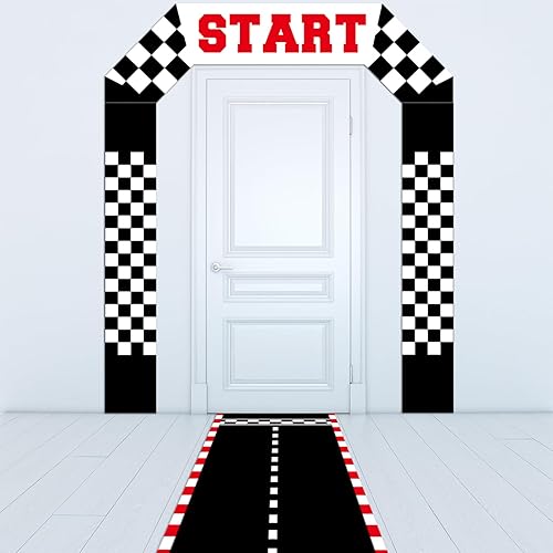 Decoración de puerta de auto de carreras, pancarta de tela a cuadros para puerta de cumpleaños, tapete de pista de carreras para colgar en el