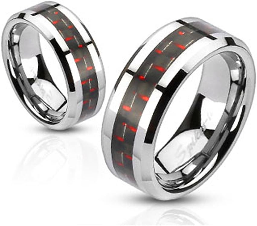(U2U Jewelry Stainless Steel Black and Red Carbon Fiber Inlay Band Ring(7 Sizes Optional)