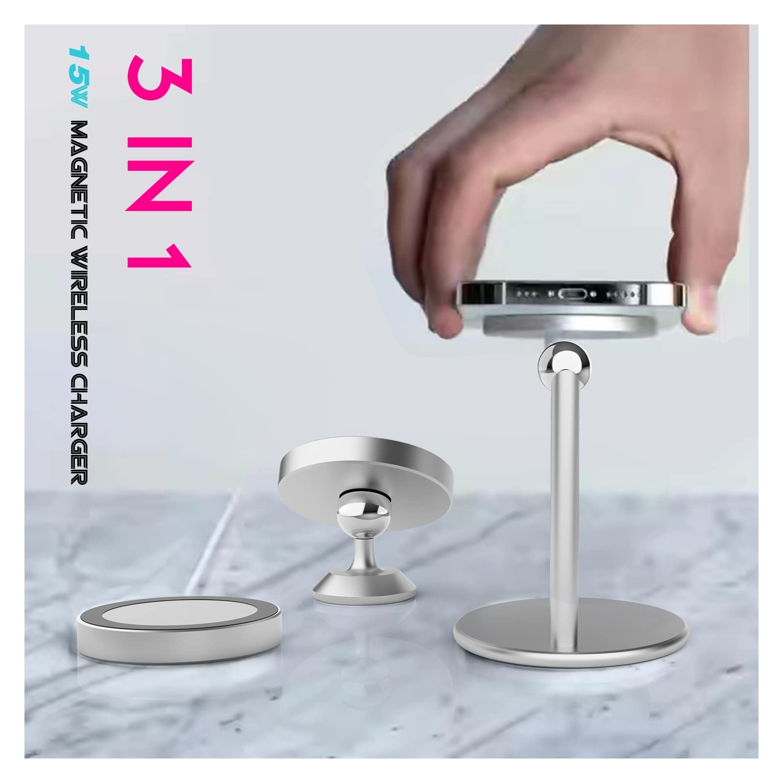 Ładowarka bezprzewodowa, 15W Magnetyczna bezprzewodowa ładowarka Qi 3 w 1 Bezprzewodowa ładowarka samochodowa do telefonu(3in1 Silver)