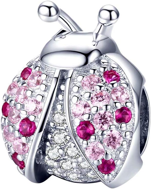 Qings Pink Ladybug Cute Insect Charms Bead 925 Sterling Silver for Bracelet Necklace Making DIY Jewelry as Gift for Women Girls Daughter