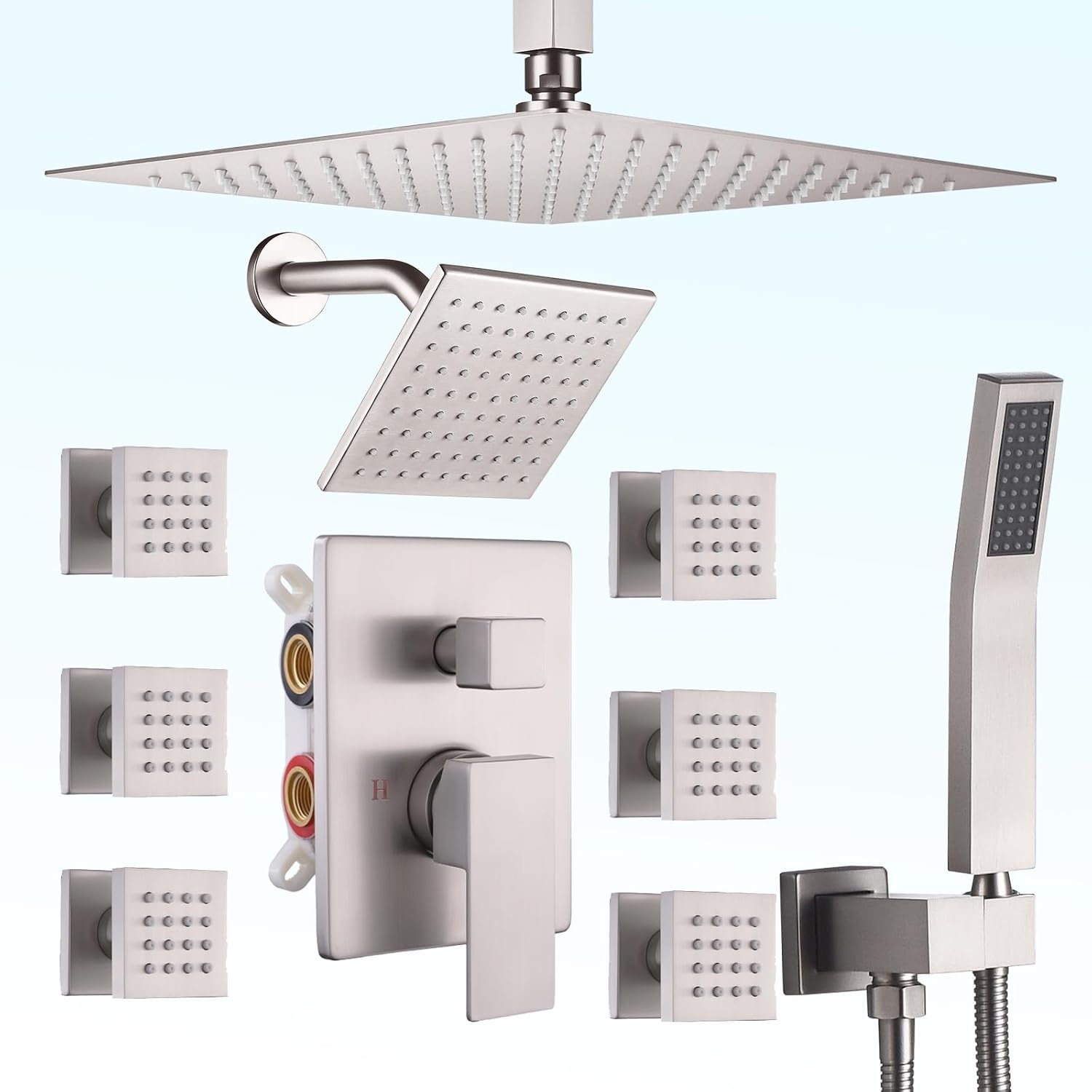 Shower System Brushed Nickel Dual Shower Head with Body Jets, Oupukle Four Modes Shower Faucet Set Ceiling Mount 12" Rain Shower Head & 6" Wall Mounted Head with 6PCS Body Jets
