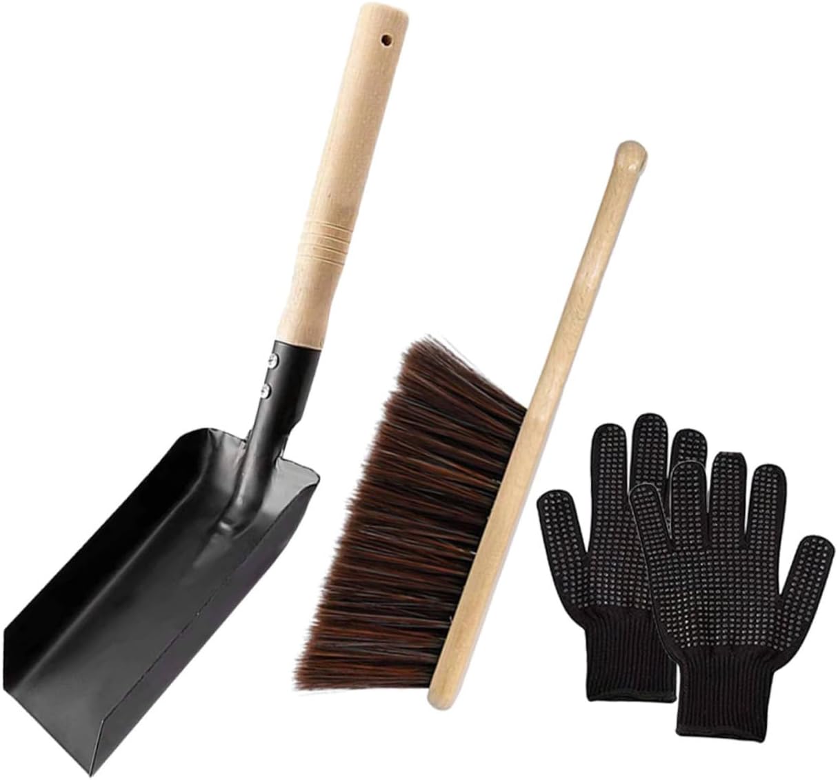 1 Set Cleaning Supplies Wood Handle Brush and Ash Shovel with Silicone Gloves Complete Tool Set for Efficient Cleaning