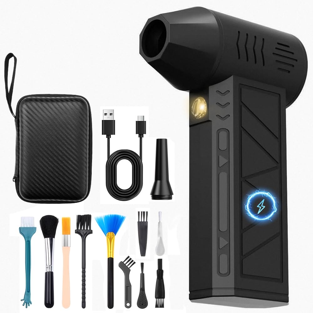 Nasjac Plumero de Aire Comprimido Eléctrico, 16 en 1 Soplador de aire Inalambrico de 130000RPM para limpiador Teclado y PC, Pistola de Aire Comprimido con Luz LED, Ventilador Turbo con 4 Velocidades
