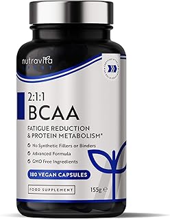 BCAA High Strength 1000mg 2:1:1 - Sport Supplement - Leucine, Isoleucine and Valine with Added Vitamin B6 & B12 - Reduction in Fatigue - 180 Vegan BCAA Capsules - BCAAs - Made in The UK by Nutravita