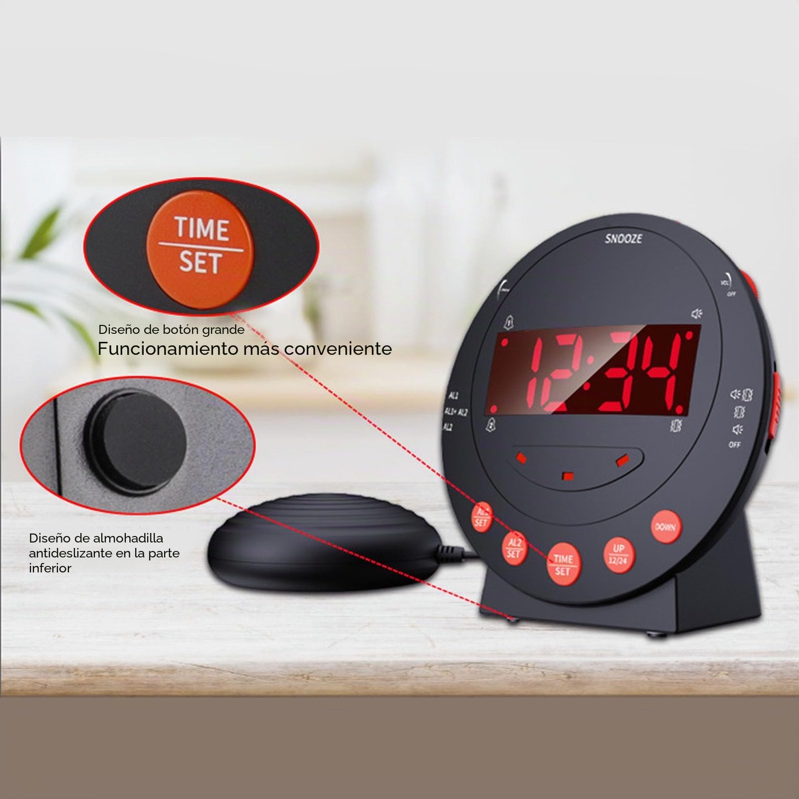 Reloj Despertador con Vibración Extra Fuerte de 110 DB Reloj Despertador con Luz de Alarma Roja Reloj Digital con Pantalla Grande para Personas Sordas con Problemas de Audición