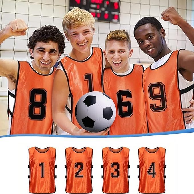 Lot de 24 gilets d'entraînement de football en 2 couleurs vives, maillots d'entraînement numérotés de 1 à 12 pour adultes, football, volleyball – Orange et vert, Orange, vert., 43 x 63 cm
