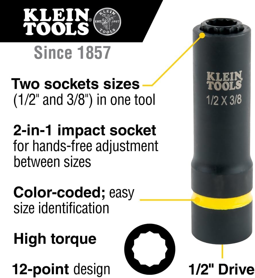 Klein Tools 66011 2-in-1 Impact Socket with 12-Point Deep Sockets, Coaxial Spring Loaded in 1/2- and 3/8-Inch Sizes