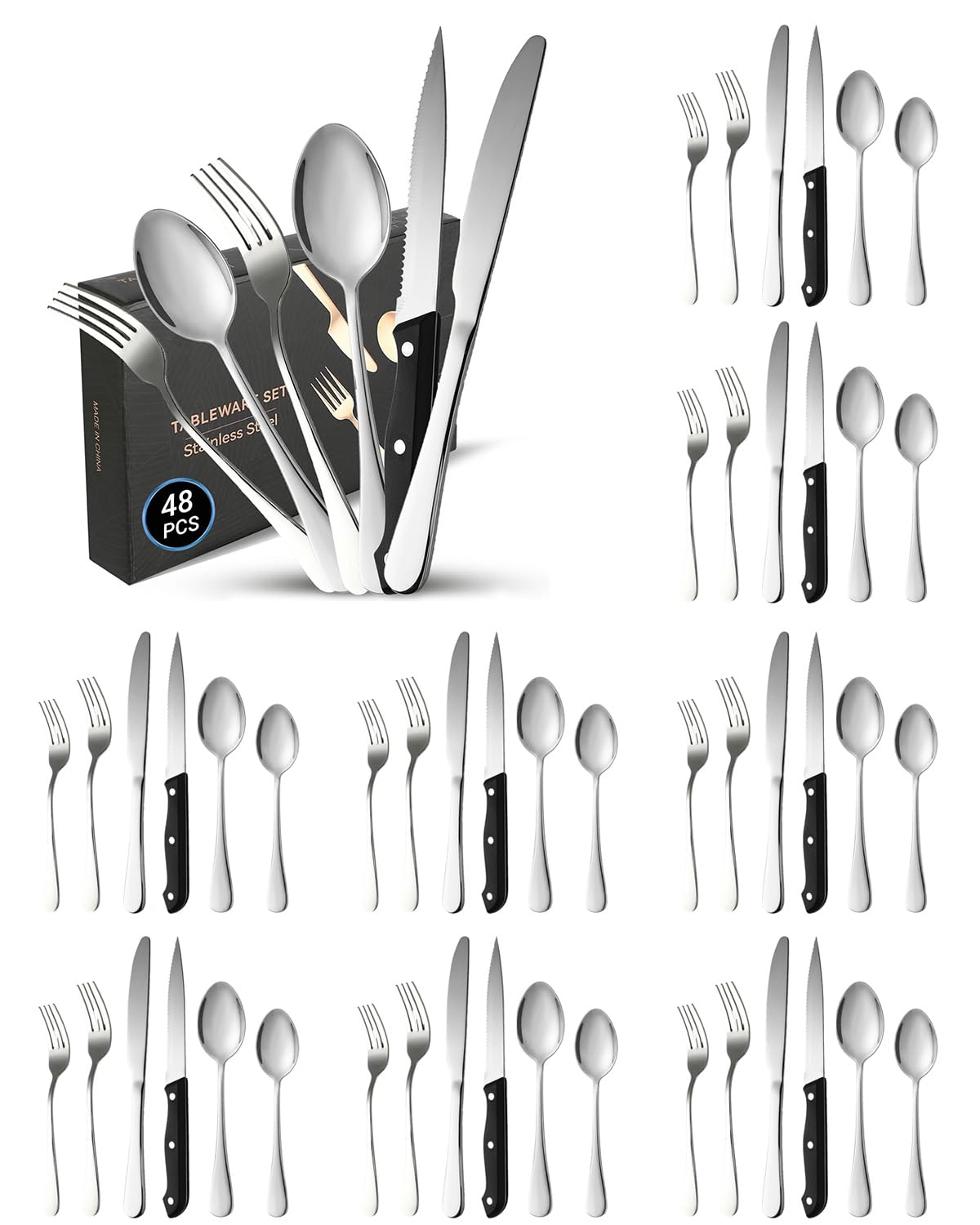 Cubiertos Acero Inoxidable 8 Personen, Juego de Cubiertos Rostfrei Spülmaschinenfest, Messer Und Gabel Set Für Familien, Feierlichkeiten Und Hausgebrauch (48 Stück)