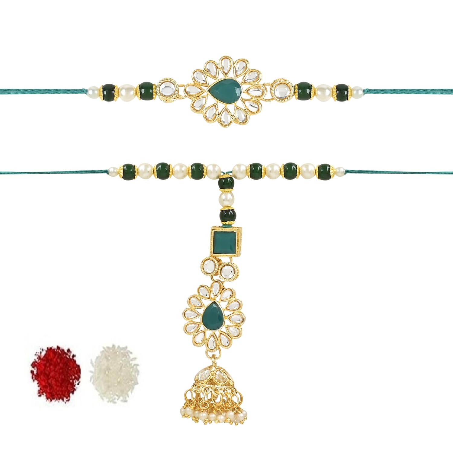 I Jewels Mens Kundan & Pearl Hanging Bhaiya Bhabhi Lumba Rakhi Combo Set With Roli Chawal And Rakshabandhan Card (R118G-Co) (B0C96S2VCJ) Amazon Price History, Amazon Price Tracker
