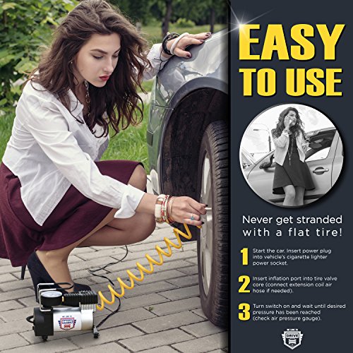 12V DC Best Air Compressor Tire Inflator with Gauge – 150 PSI Portable Air Pump for Car Tires, Trucks & Inflatables – DOUBLE BONUS Tire Puncture Repair Kit & Carry Case – by We Love to Drive